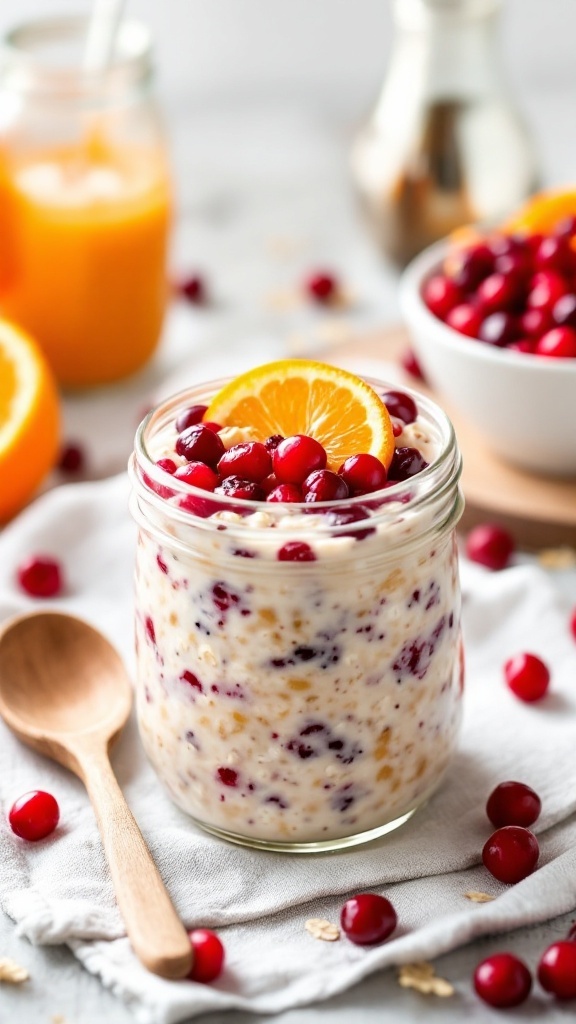 A jar of cranberry orange overnight oats topped with cranberries and orange slices, with a rustic spoon beside it.